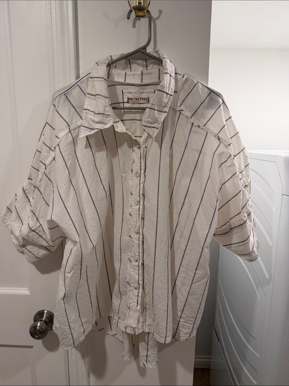 We The Free White Button-Down Shirt with Grid Stripes